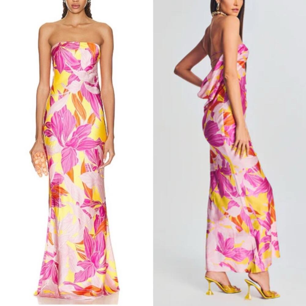 Retrofete Keaton Strapless Floral Cowl-Back Silk Dress